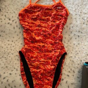 TYR Red and Orange Hex-Pattern One-Piece Swimsuit